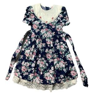 Vintage Britland Girls Dress Size 6 Floral Cottagecore Lace Collar USA Made EUC